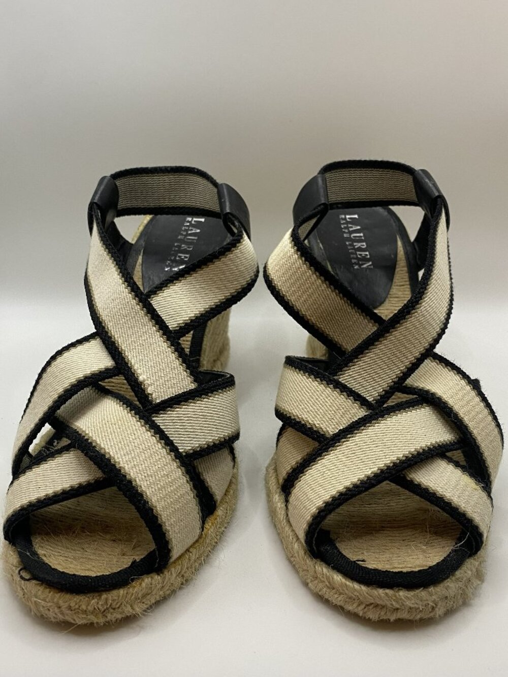 Ralph Lauren Black and Cream Espadrille Wedge with Crossover Straps Size 8